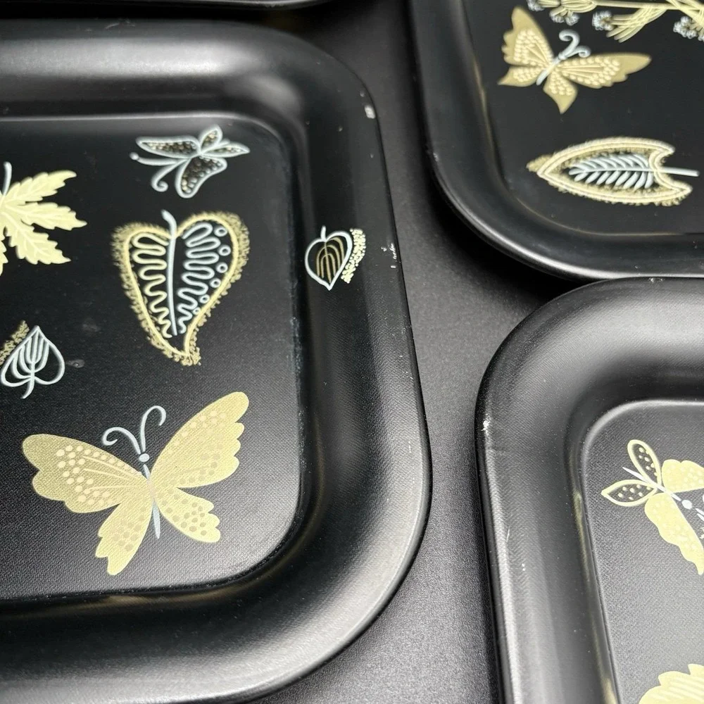MCM Metal Trays Serving Platters Butterflies Leaves Flowers Black Gold 1960 8pc
